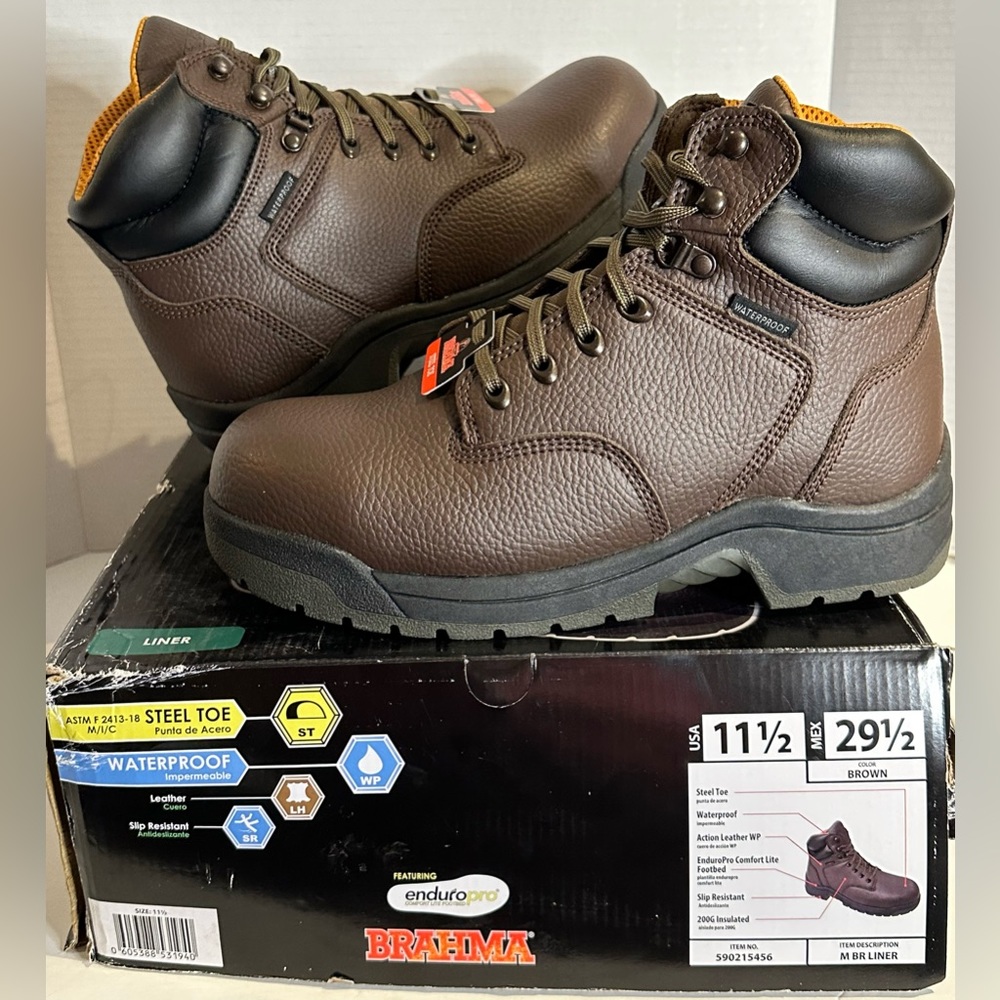 BRAHMA Steel Toe Boot's, Size 11.5, Safety Slip Resistant, Enduro pro ,Brown New
